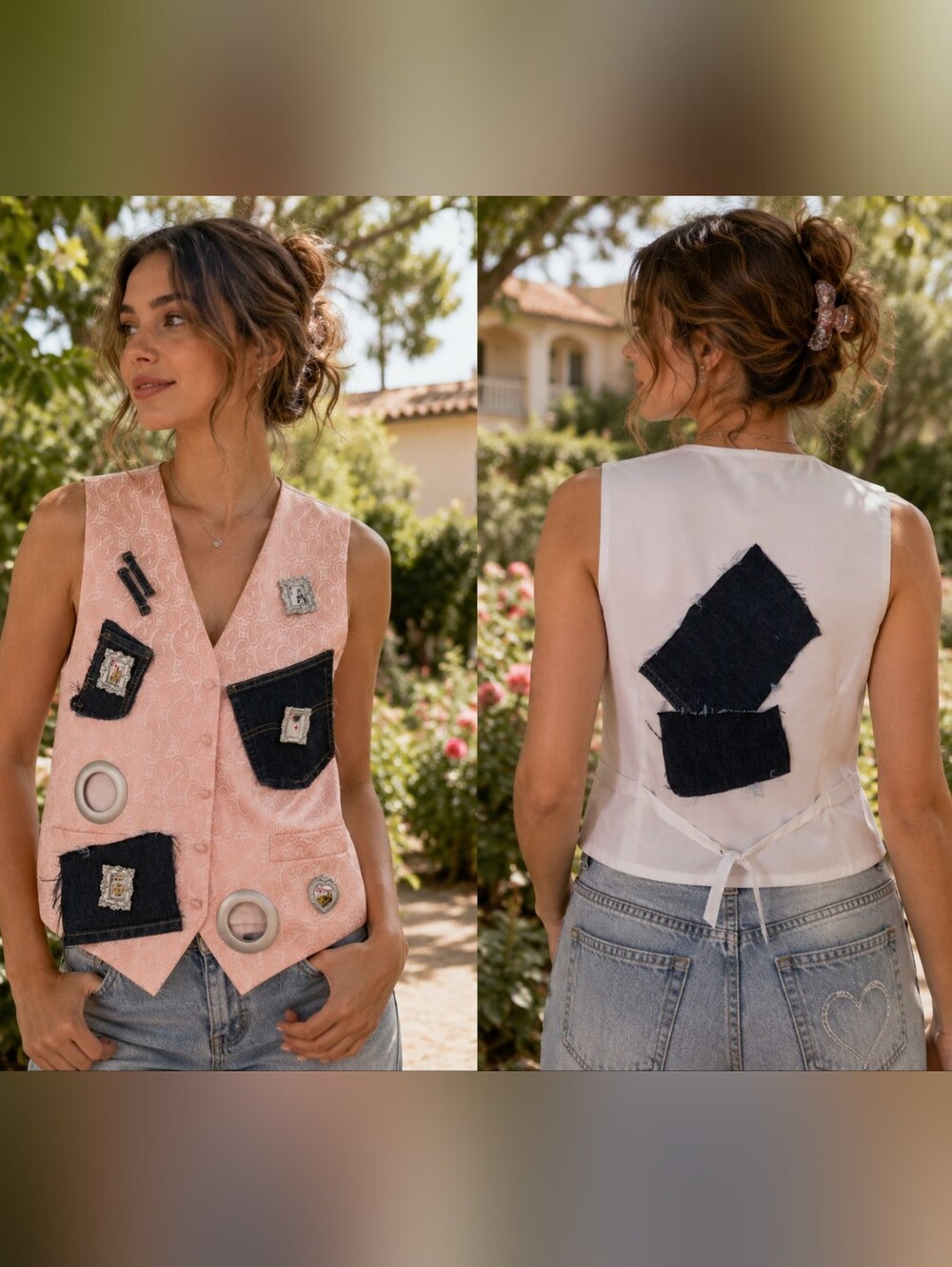 Upcycled Peach Brocade Vest with Dark Denim Patch Pockets